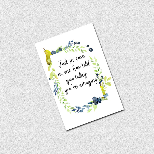 Greeting card with floral design and text on a gray background