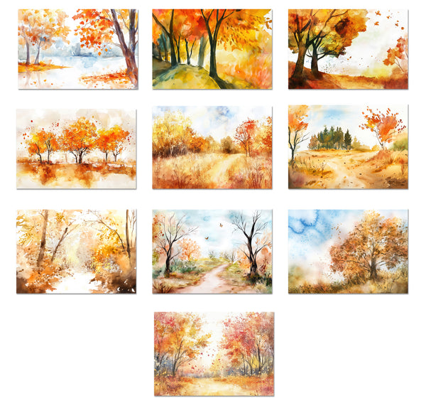 Set of nine autumn-themed paintings with trees and landscapes.