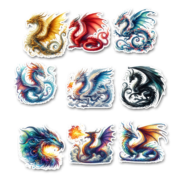 Set of colorful dragon illustrations on a white background