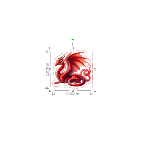 Red dragon design with dimensions on a white background