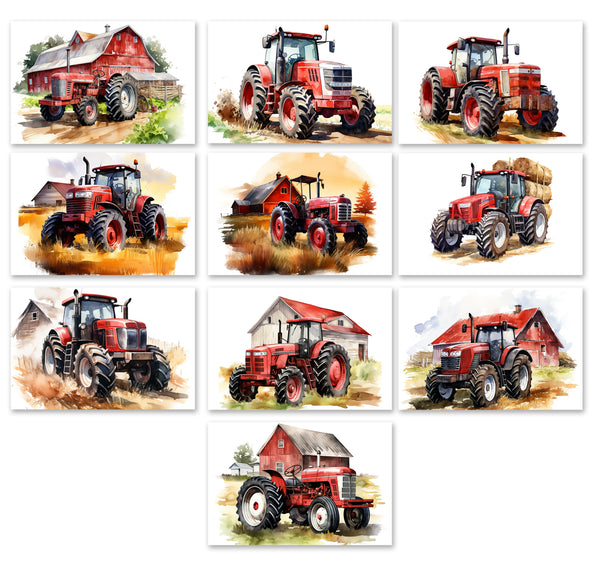 10 Handmade Farm Tractors – Blank Inside – Folded 4x6 Every Occasion Cards with White Envelopes