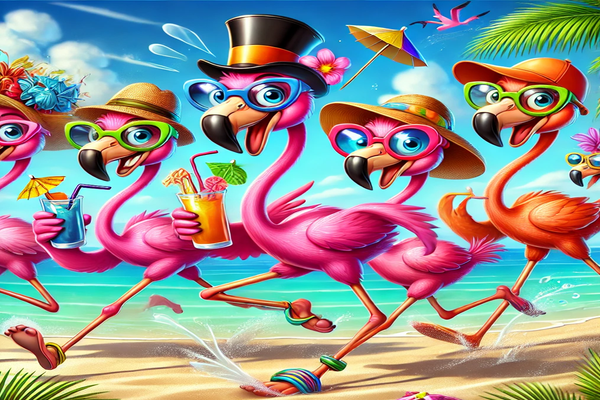 Fun Flamingo Beach Postcard – Colorful Tropical Flamingos, 4x6 Matte Card