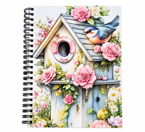 A spiral-bound notebook featuring a detailed illustration of a bluebird perched on a weathered birdhouse surrounded by pink roses and green foliage.