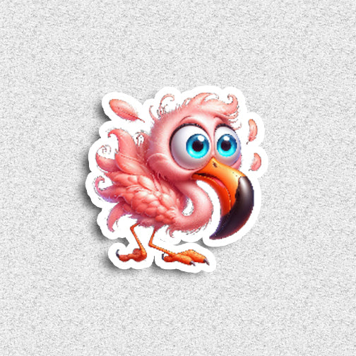 Cartoon flamingo sticker on a textured gray background