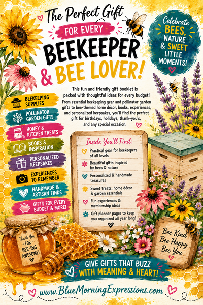 A colorful promotional graphic for a beekeeping and bee-themed gift basket bundle. The design features sunflowers, honeycombs, a wooden hive, a beehive box, a honey pot, and a basket with a 'Thank You' sign, surrounded by text such as 'The Perfect Gift For Every Beekeeper And Bee Over!' and 'Inside You'll Find:'.