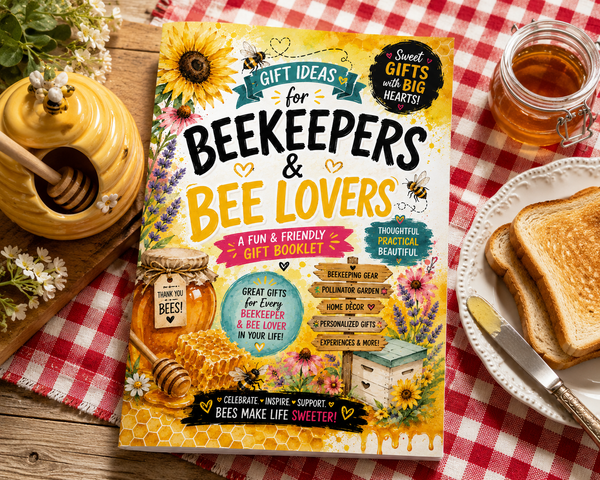 A colorful gift booklet titled 'Gift Ideas for Beekeepers & Bee Lovers' placed on a red-and-white checkered tablecloth, surrounded by a honey pot, a jar of honey, a slice of toast on a plate, and small flowers.