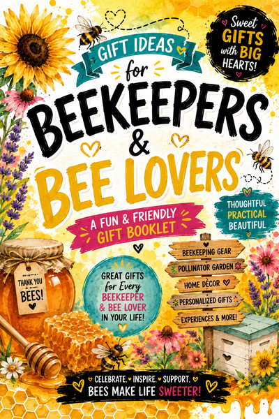 Front cover of a gift booklet titled 'Gift Ideas for Beekeepers & Bee Lovers' with bright bee-themed illustrations, honeycomb, a jar of honey, bees, flowers, and bold decorative text on a yellow background.