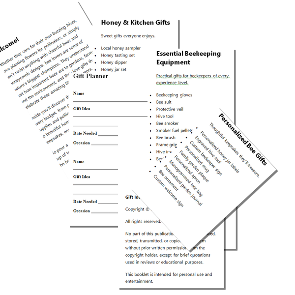 A booklet page for a Honey & Kitchen Gifts gift planner, featuring sections for writing down gift ideas, dates, occasions, and a list of essential beekeeping equipment. The page is styled with a clean white background and black text, with two overlapping angled pages visible.
