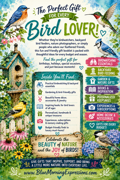 A colorful promotional flyer or guidebook cover titled 'The Perfect Gift for Every Bird Lover!' featuring illustrated birds, a birdhouse, flowers, and a central panel listing included gift categories such as birdwatching essentials, backyard bird feeding, garden and nature gifts, books and inspiration, personalized keepsakes, experiences, and subscriptions.