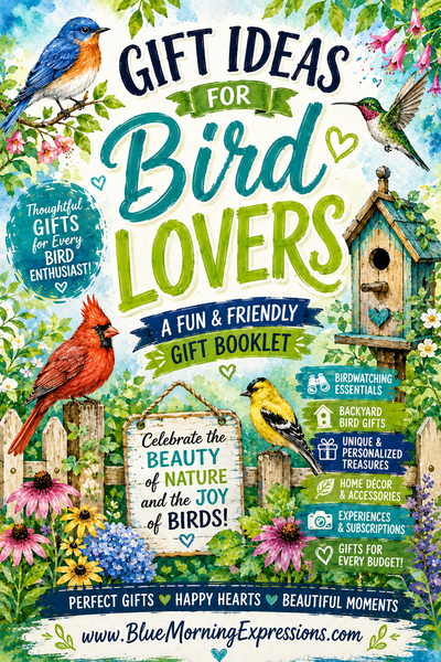 Front cover of a gift booklet titled 'Gift Ideas for Bird Lovers' with colorful bird illustrations, flowers, a birdhouse, and promotional text for bird-themed gift ideas.