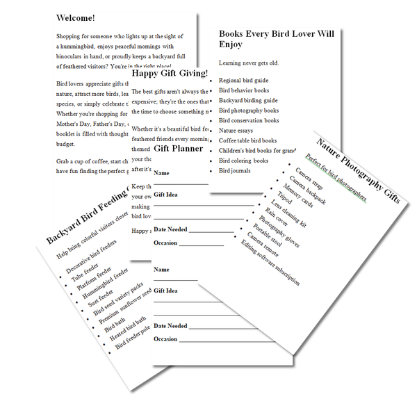 Two printed gift planner pages for bird lovers, shown on a white background. One page contains text sections like 'Welcome!' and 'Books Every Bird Lover Will Enjoy,' and the other lists gift categories such as bird behavior guides and bird photography guides.