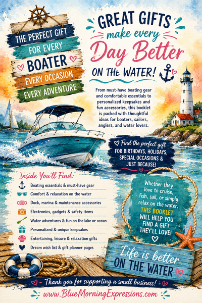 A nautical-themed gift book cover featuring a sailboat on blue water, a lighthouse, wooden dock elements, and decorative text such as 'Great Gifts make every Day Better on the Water!' and 'Inside You'll Find:'.