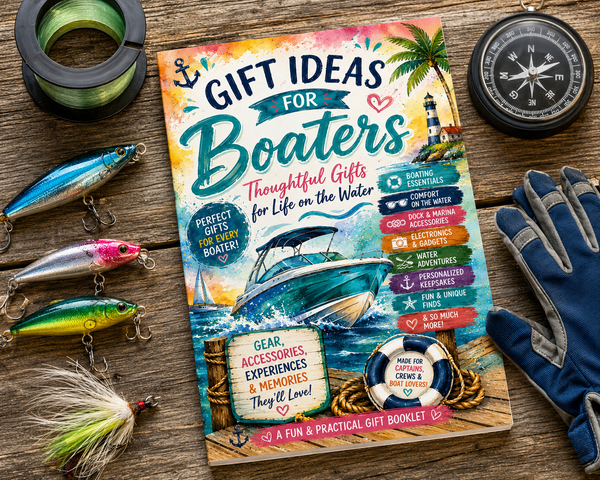 A colorful printed booklet titled 'Gift Ideas for Boaters' lies on a rustic wooden surface, surrounded by nautical-themed props including fishing lures, a spool of line, a compass, and gloves. The booklet cover features a watercolor boat scene with text about thoughtful gifts for boaters.