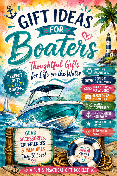 A colorful tropical nautical gift booklet cover titled 'Gift Ideas for Boaters' with a watercolor boat, lighthouse, palm tree, ropes, life preserver, and lists of boating essentials and experience ideas.