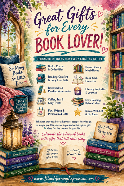 A colorful illustrated poster with the headline 'Great Gifts for Every Book Lover!' and a whimsical library scene with bookshelves, books, flowers, and gift icons. The text lists book-related gift ideas such as classics, collectibles, home library must-haves, bookmarks, coffee and tea, and fun personalized gifts.