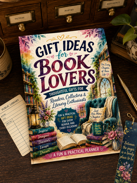 A decorative book cover titled "Gift Ideas for Book Lovers" is displayed on a dark wooden desk with library-themed props, including a public library card, books, a chair, and a bookmark. The cover features colorful floral artwork, shelves of books, and cozy reading accessories.