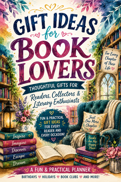 Front cover of a planner/book titled "Gift Ideas for Book Lovers" with decorative watercolor artwork of a cozy library scene, books, a teal armchair, flowers, and large stylized text.