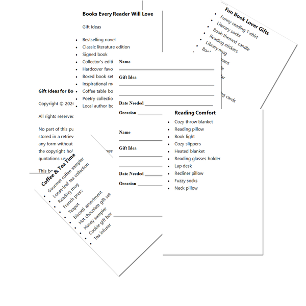 A set of printed bookish gift and reading-themed worksheet cards on a white background, including sheets titled 'Books Every Reader Will Love' and 'Fun Book Lover Gifts' with lists of gift ideas and reading comfort prompts.
