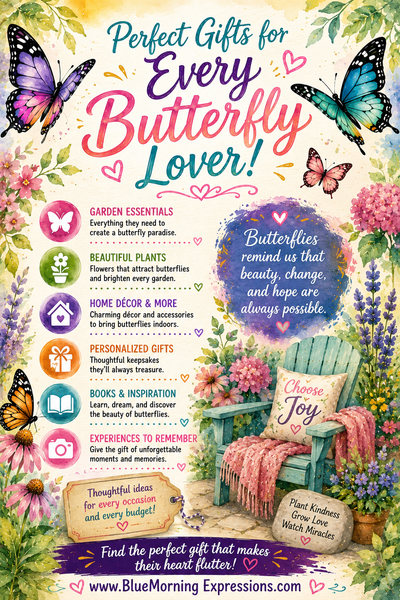 A colorful digital graphic template for a butterfly-themed gift guide, featuring illustrations of butterflies, flowers, and decorative text sections with icons and suggestions like garden essentials, beautiful plants, and personalized gifts. The text reads 'Perfect Gifts for Every Butterfly Lover!' and includes a website URL at the bottom.
