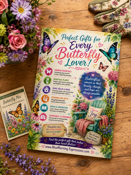 A colorful printed card and matching small card titled 'Perfect Gifts for Every Butterfly Lover!' are arranged on a wooden surface with flowers, lavender, and floral gloves around them. The card features butterflies, flowers, an Adirondack chair, and decorative text; the small matching card reads 'Butterfly Wax Mini Kit.