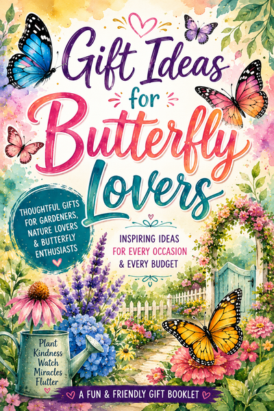 Front cover of a gift booklet titled "Gift Ideas for Butterfly Lovers" with colorful butterfly illustrations, flowers, a garden scene, and decorative text on a white background.