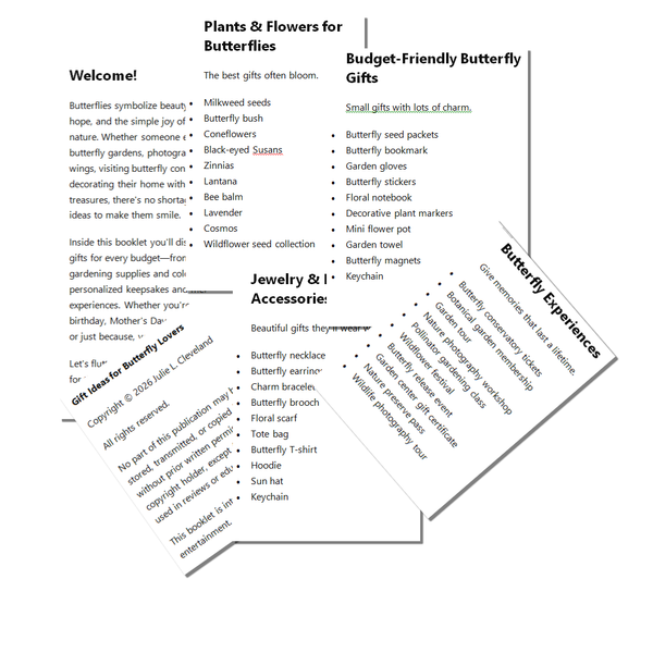 Two overlapping printed cards with text about butterfly-themed gift ideas, including sections for plants and flowers, budget-friendly butterfly gifts, jewelry and accessories, and butterfly experiences. The cards are shown on a plain white background.