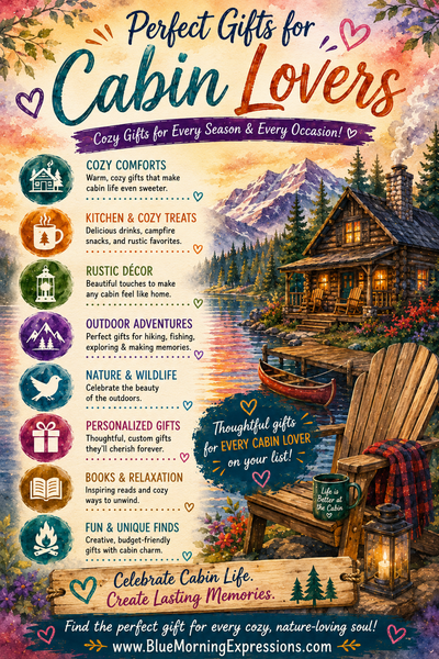 A colorful promotional graphic for cabin-themed gift ideas, with the headline 'Perfect Gifts for Cabin Lovers' and a scenic cabin illustration over a lake. The design includes icons and text for cozy comforts, kitchen/cozy treats, rustic decor, outdoor adventures, nature & wildlife, personalized gifts, books & relaxation, and fun & unique finds, plus the website BlueMorningExpressions at the bottom.