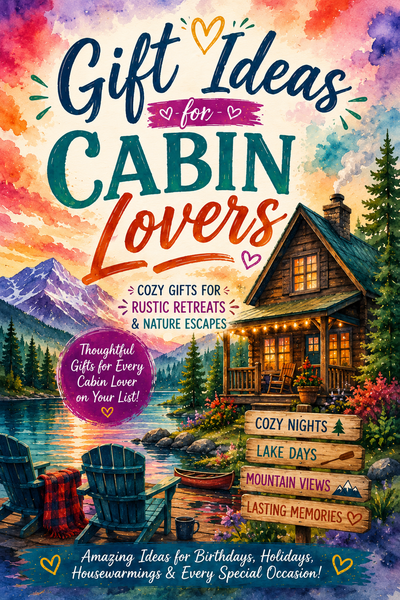 A colorful illustrated cover design with the text 'Gift Ideas for Cabin Lovers' over a watercolor-style scene of a cozy cabin by a lake, mountains, trees, and outdoor seating. The image functions as a digital cover or promotional graphic rather than a straightforward product photo.