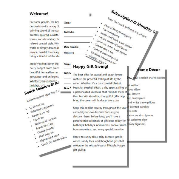 Gift Ideas for Coastal & Beach Lovers | Beach Gift Planner & Shopping Organizer | 24-Page Gift Booklet