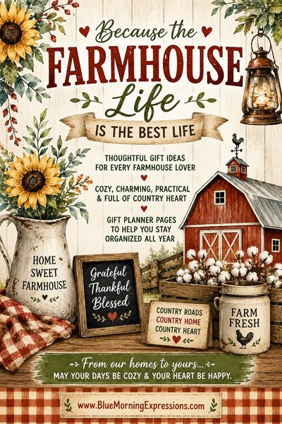 A rustic farmhouse-themed gift planner cover design with sunflowers, a red barn, jars, lantern, and text reading 'Because the Farmhouse Life is the best life' plus smaller gift planner copy. This is not a real photographed environment but a designed cover-style product image, so Product/Packaging fits better than Lifestyle or Scenery.