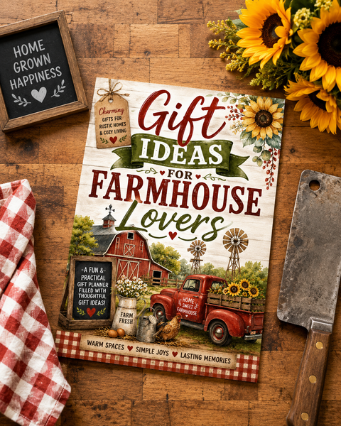 A styled flat-lay featuring a printed card or sign that reads “Gift Ideas for Farmhouse Lovers,” surrounded by rustic props on a wooden tabletop. The card includes farm-themed artwork with a red barn, red pickup truck, windmills, flowers, and a chicken.