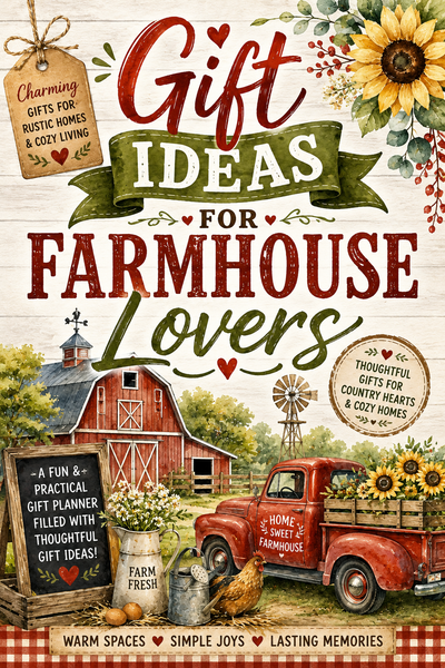 A rustic-themed gift guide cover titled 'Gift Ideas for Farmhouse Lovers' with a red barn, red pickup truck, sunflowers, and farmhouse decor illustrations on a weathered wood background.