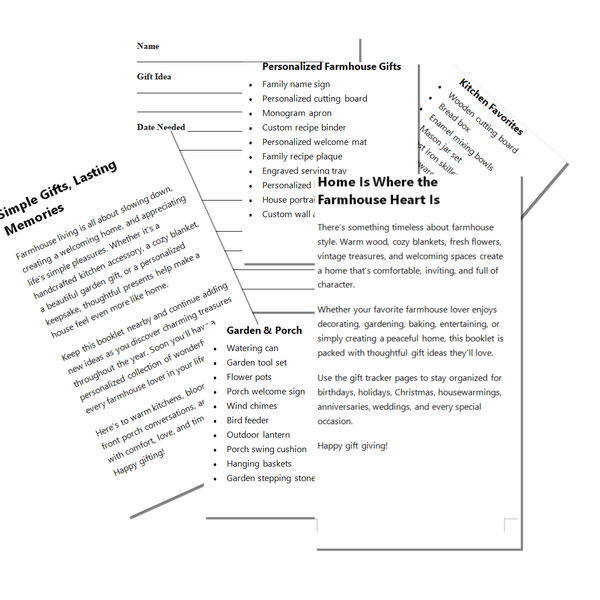 A black-and-white worksheet titled 'Personalized Farmhouse Gifts' with labeled sections for Name, Gift Idea, Date Needed, Simple Gifts Lasting Memories, Garden & Porch, and Kitchen Favorites, plus a note about personalized farmhouse gifts.