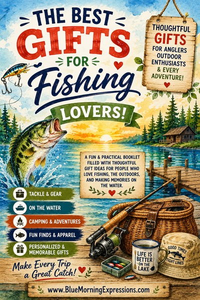 A colorful promotional graphic for a fishing-themed gift booklet, with large text reading 'The Best Gifts for Fishing Lovers!' over a lake scene. A large fish jumps from the water, a fishing rod and reel rest on a picnic blanket, a wicker basket, a mug, and a hat are shown.