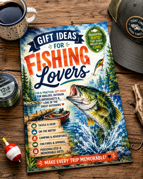A rectangular printed card or book cover titled "Gift Ideas for Fishing Lovers" lies on a rustic wooden surface, surrounded by fishing-themed props including a mug of coffee, a cap, a bobber, and hooks. The cover features a colorful illustration of a fish jumping from water with trees and a boat in the background.