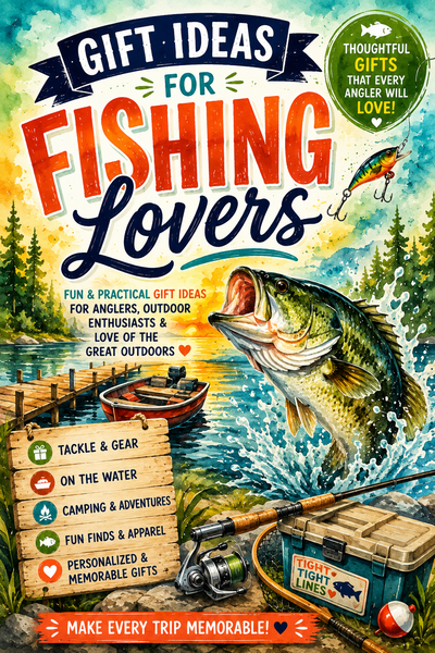 A colorful illustrated book or guide cover titled "Gift Ideas for Fishing Lovers" with a large jumping fish, fishing rod, tackle box, dock, and outdoor lake scene. Text highlights fishing gear, on-water activities, camping adventures, and personalized gifts.