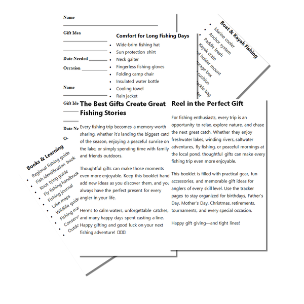 A digital graphic outlining a gift guide for fishing enthusiasts, featuring a 'Gift Idea' flowchart on the left and two text panels on the right titled 'Heart & Kyskerfing' and 'Reel in the Perfect Gift'. The bottom right corner includes a gray arrow pointing to a 'How to gift fishing' section.