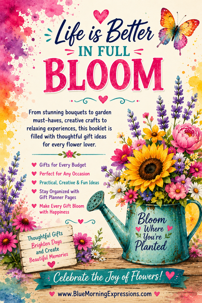 A colorful floral gift booklet cover titled 'Life is Better IN FULL BLOOM' with watercolor flowers, a butterfly, a teal watering can, and the website BlueMorningExpressions at the bottom.