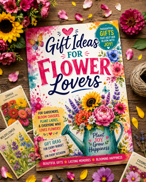 A colorful book cover titled "Gift Ideas for Flower Lovers" is displayed on a rustic wooden surface surrounded by flowers, petals, cards, twine, and small floral props. The cover features bright floral artwork, a teal watering can, and decorative text promoting flower-related gift ideas.