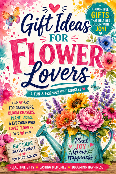 Front cover of a colorful gift booklet titled "Gift Ideas for Flower Lovers" with floral artwork, watercolor-style flowers, butterflies, a teal watering can, and promotional text on a white background.