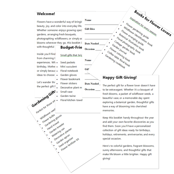 A printed booklet or gift guide with printed text sections including 'Welcome!', 'Gardening Tips', 'Books for Flower Lovers', and 'Happy Gift Giving!', shown on a white background.