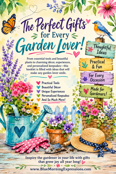 A colorful illustrated promotional graphic for a garden-themed gift booklet titled "The Perfect Gifts for Every Garden Lover!" with a watering can, flowers, a bird, a straw hat, and text listing practical and memorable gift ideas. This is not a clean product photo of a physical item in a studio, and it is not a measurement chart, color swatch, instruction diagram, scenery artwork being sold, or placeholder.