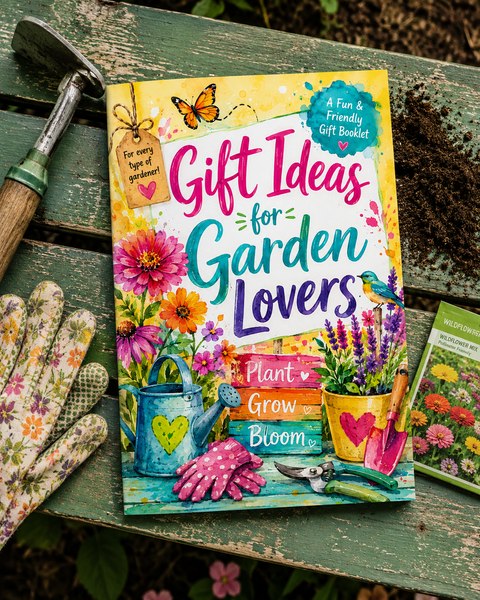 A colorful book titled "Gift Ideas for Garden Lovers" lies on a weathered green wooden table, surrounded by gardening props including gloves, a trowel, soil, and a small seed packet. The cover features bright floral illustrations and playful text.