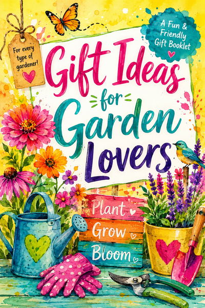 Colorful book cover for 'Gift Ideas for Garden Lovers' featuring watercolor-style illustrations of flowers, a watering can, gloves, shears, pots, and gardening tools on a bright yellow background.