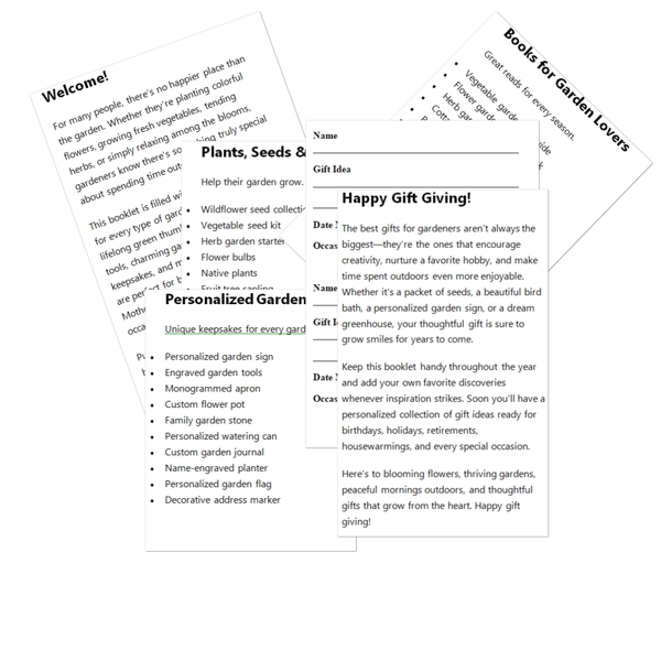 Three printed booklet pages fanned out on a white background, titled Welcome, Plants, Seeds & Gardening, and Happy Gift Giving. The pages contain text and small illustrations related to gardening and gift booklets.
