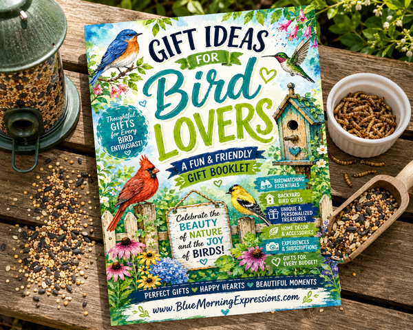 A colorful gift booklet titled 'Gift Ideas for Bird Lovers' is displayed on a rustic wooden table with birdseed, a small bowl of kibble, and a bird feeder nearby. The cover features bright illustrations of birds, flowers, a birdhouse, and decorative text.