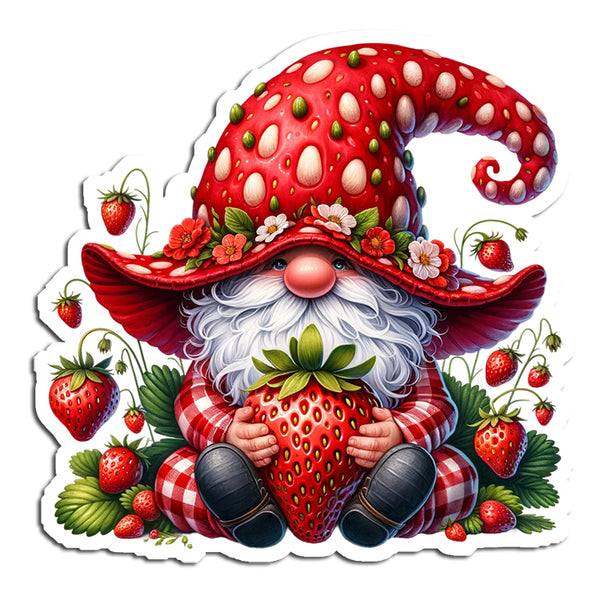Gnome with a strawberry-themed hat and outfit surrounded by strawberries on a white background