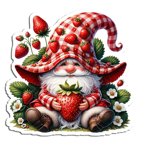 Gnome with a checkered hat and strawberry theme on a white background
