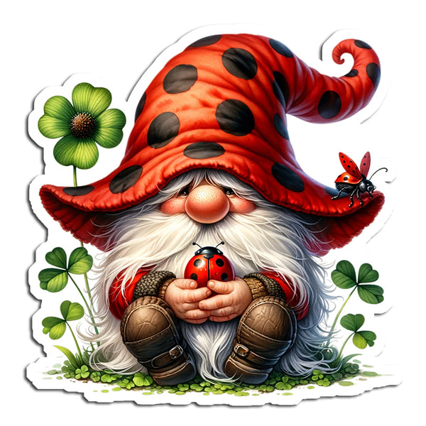 Gnome with a red hat and white beard holding a ladybug, surrounded by shamrocks on a white background