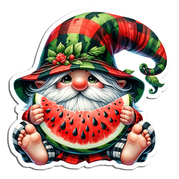 Cartoon gnome holding a watermelon slice with a plaid hat on a white background